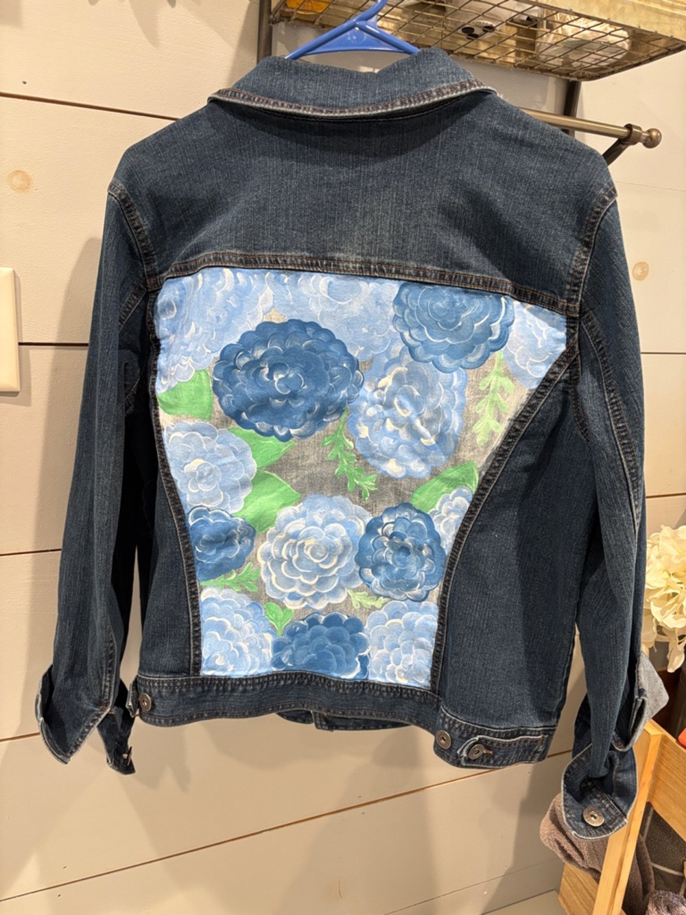 Style & Co. Dark Denim Jacket with Blue Floral Back Panel
